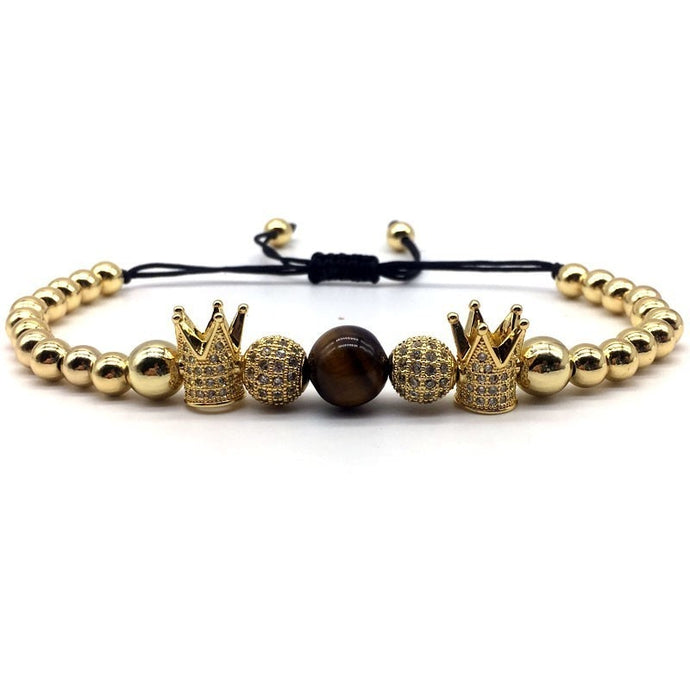 Luxury Crown Tiger Eye Bead Charm Bracelet  wristband